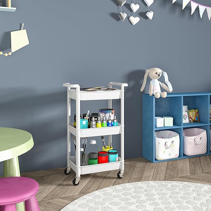 MIOCASA Utility Rolling Cart with Cover Top Board, 3-Tier Kitchen Storage Organization, Art Cart with Wheels for Office, Classroom, Livingroom, Kitchen, Bathroom (White, 3-Tier-Plastic)