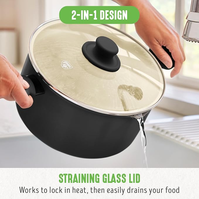 GreenLife 6QT Ceramic Nonstick Stockpot with Glass Straining Lid, PFAS-Free, Dishwasher Safe, Stay-Cool Handles, Oven Safe to 350°F, Wobble-Free Base, Even Heating, Black