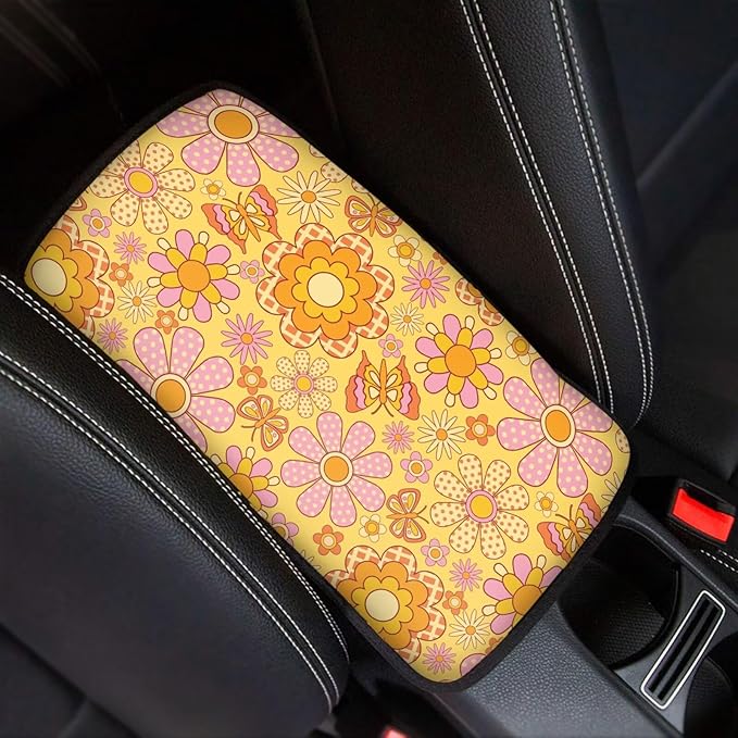 Hippie Flower Center Console Cover Protect from Pet Claws Universal Armrest Cover Pad Easy to Install 12.3 x 7.5 Inch Universal Car Interior Accessories Decoration