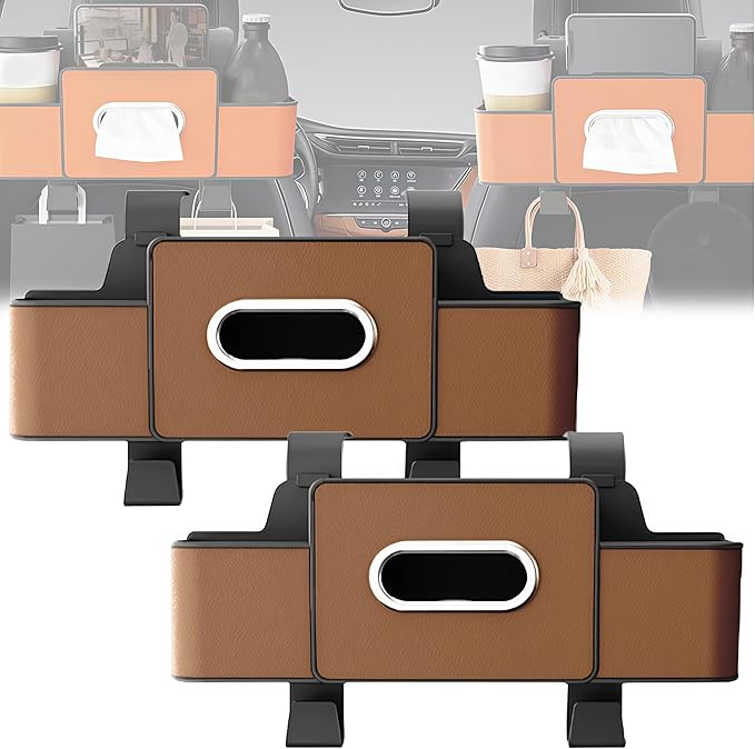 2026 Multifunctional Car Organizers and Storage Box with Drink Cup Holder Tissue Box, Backseat Organizers Hanging Storage for Hold Phone,Snacks, Drinks, Handbag, Most Vehicles (Brown-2)