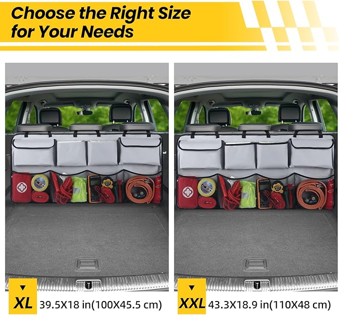 Car Backseat Hanging Trunk Organizer Extra-Long, 30% More Storage, 8 Large Pockets Car Storage Bag for SUV, Truck, Van – Super Capacity SUV Hanging Organizer for a Neat & Clutter-Free Space - Grey