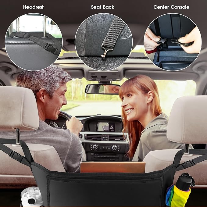 Car Purse Holder Between Seats, Car Seat Purse Handbag Holder, Automotive Consoles Organizers Storage Barrier Car Interior Accessories, Leather Large Capacity (Black)