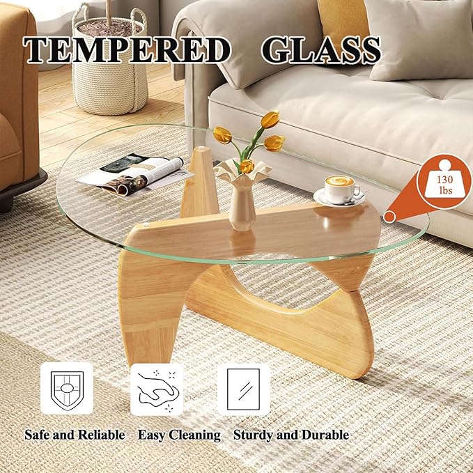 Mid Century Modern Glass Coffee Table, Coffee Table for Living Room, Noguchi Coffee Tables,Suitable for Bedroom Living Room Reception Office Tables (Wood/Transparent, ML)