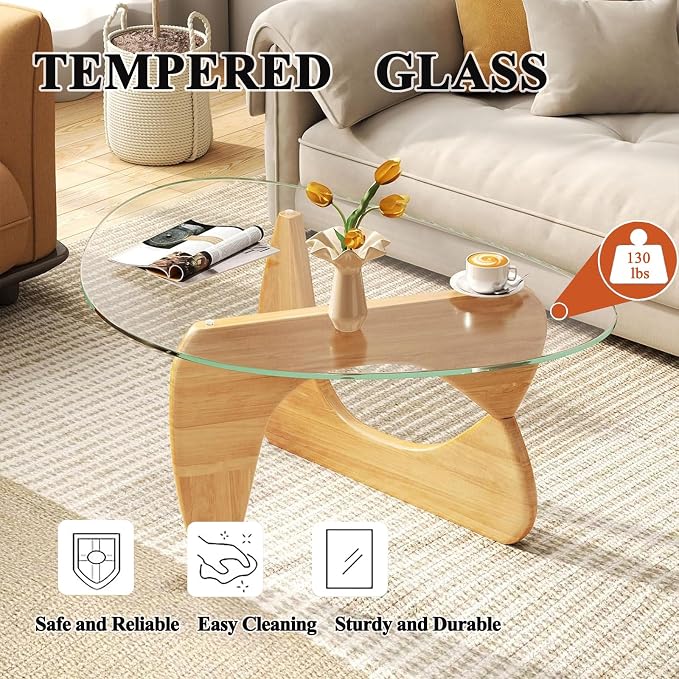 Glass Coffee Table, Mid Century Modern Coffee Table, Coffee Table for Living Room Center Table Suitable for Bedroom Living Room Reception Office Tables (Wood/Transparent, Large)