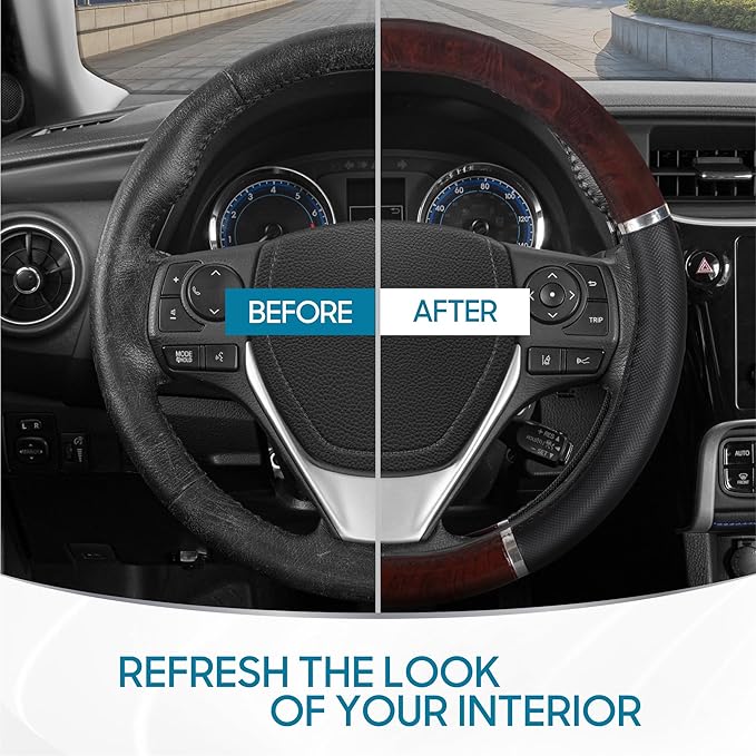BDK Black Two-Tone 14.5-15 inch Woodgrain Pattern Dark Wood Steering Wheel Cover, 1 Pack