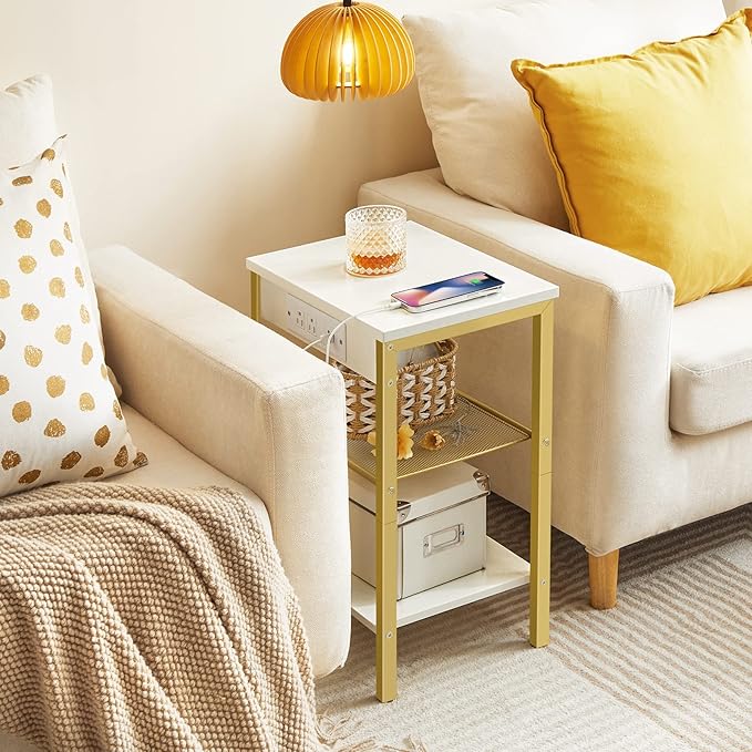 HOOBRO Side Tables Set of 2 with Charging Station and USB Port, Small End Tables for Small Space, 3-Tier Nightstands with Adjustable Shelf, for Living Room, Bedroom, White and Gold DW112BZP201G1