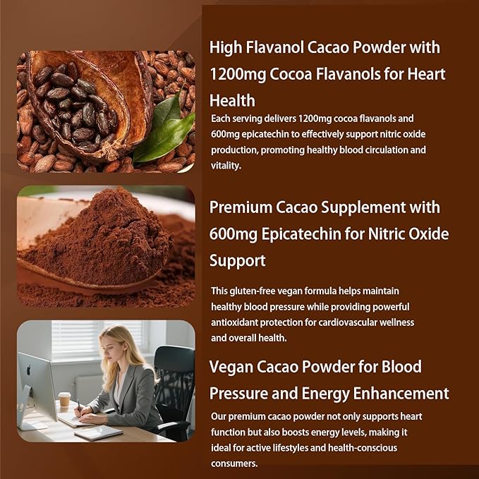 High Flavanol Cacao Powder, with 1200mg Flavanols & Epicatechin Blend for Supports Circulation, Energy Boost & Elevate Mood, Supports Heart Health & Brain Function, Gluten Free, Vegan, 200g