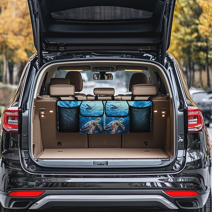 CLOHOMIN Blue Sea Turtle Car Organizer for SUV Sedan Truck Hanging Cargo Storage Bag with 4 Pockets Blue Ocean Car Trunk Backseat Organizer Multi Trunk Organizer Decor