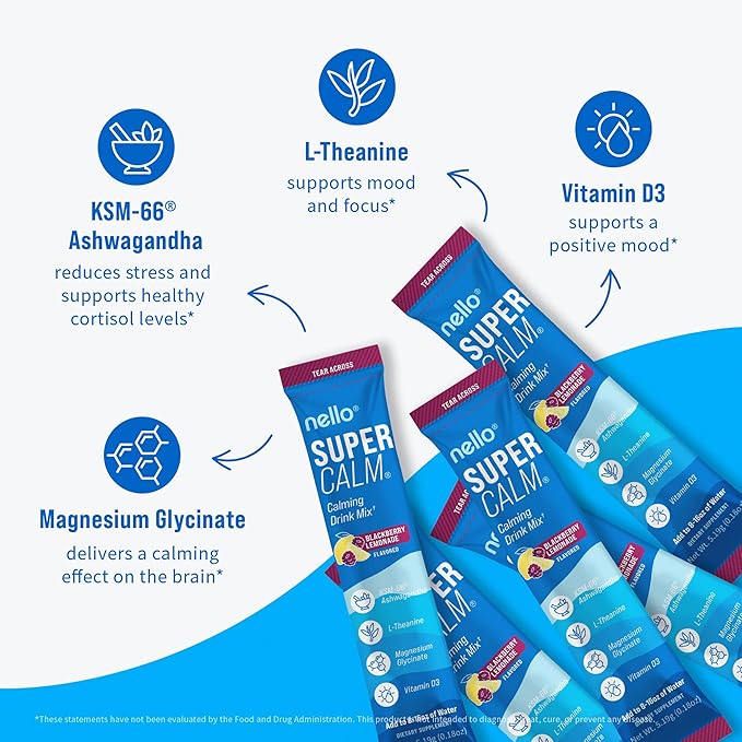 Nello Supercalm Powdered Drink Mix, Cortisol Reducer*, Sleep Aid Supplement, L Theanine, Ksm-66 Ashwagandha, Magnesium Glycinate, Vitamin D 3, No Sugar, Non GMO, 20 Ct, BlackBerry Lemonade