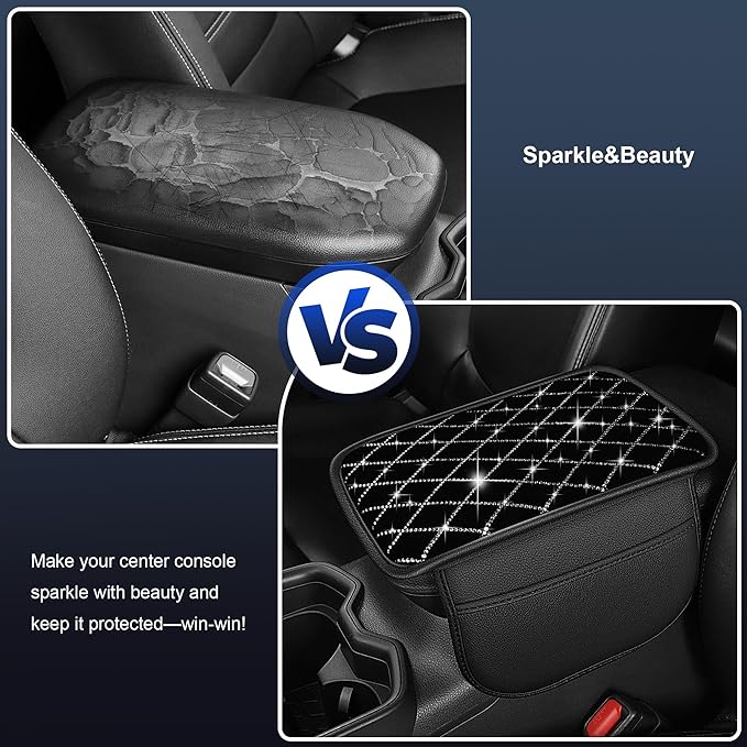 Bling Center Console Cover Fit for Infiniti G37 2008-2009: with Quilting Pattern Crystal Rhinestone Automotive Armrest Cushion-Stylish Diamond Arm Rest Protection Mat(Black)