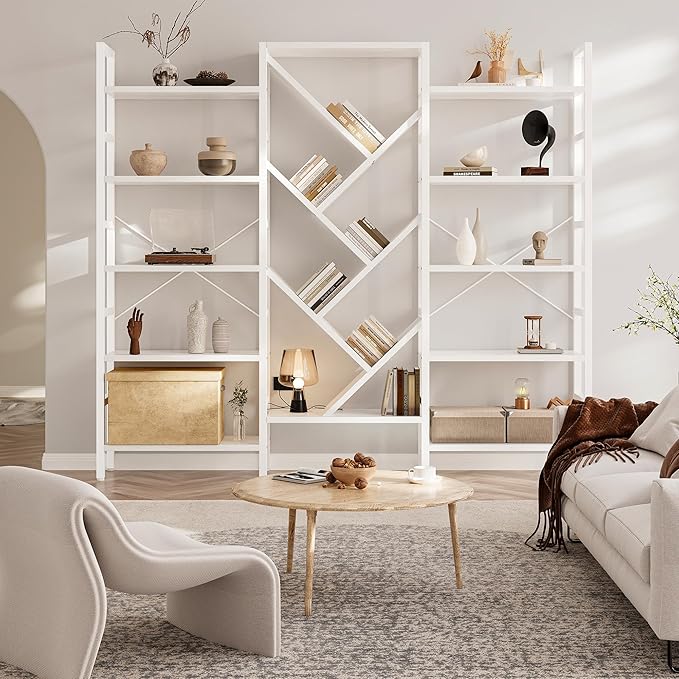 INNOD 70" Triple 5 Tier Book Shelf, Large Wooden Bookcase with 17 Open Display Shelf, Modern Tree Bookshelf Metal Frame Tall Bookshelf Furniture for Living Room Bedroom Home Office White