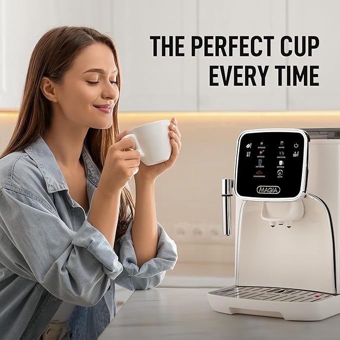 Zulay Kitchen Magia Clasica Automatic Espresso Machine with Built-In Grinder, Touch Panel Coffee Maker, Steam Wand Milk Frother, Adjustable Strength, Self-Cleaning, Cream & Silver