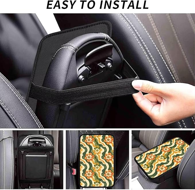 Boho Daisy Center Console Armrest Cover Hippie Car Center Console Pad Yellow Green Stripe Automotive Decor Accessories Arm Rest Seat Box Covers