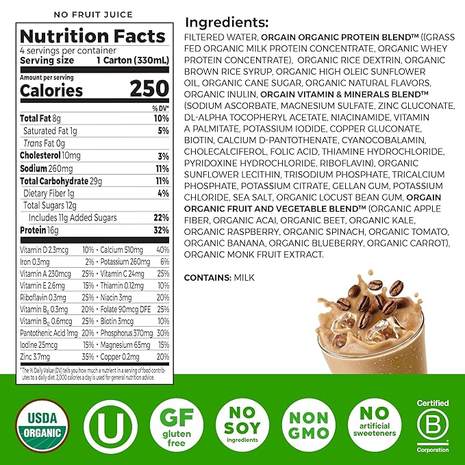 Orgain Organic Nutritional Protein Shake, Iced Café Mocha - 16g Grass Fed Whey Protein, Meal Replacement, 20 Vitamins & Minerals, Fruits & Vegetables, Gluten Free, Non-GMO, 11 Fl Oz (12 Pack)