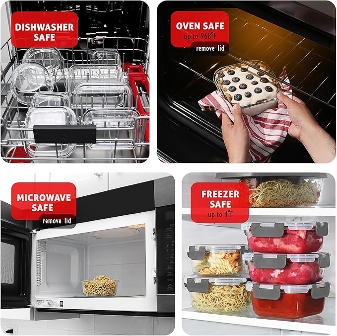 Nestl 24pc Glass Storage Containers with Lids, 12 Glass Food Storage Containers with 12 Airtight Lids for Pantry & Kitchen, Meal Prep Containers for Lunch, Oven Microwave & Dishwasher Safe, Gray