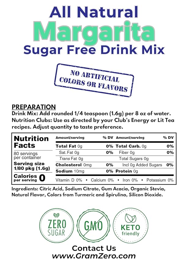 GramZero All Natural Margarita Zero Calorie Sugar Free Drink Mix, Great For Nutrition Club Loaded Tea, Stevia Sweetened