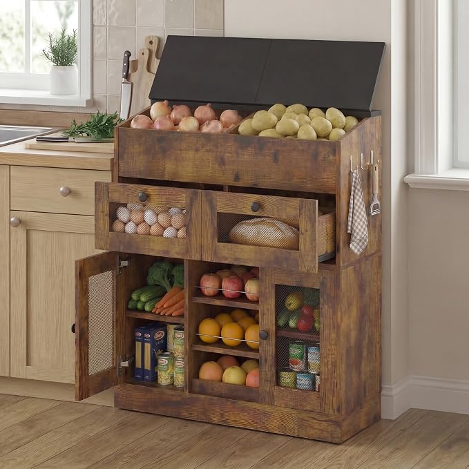 Wooden Potato and Onion Storage Bin with Lid, Potato Bin with 2 Mesh Drawers, 5-Tier Fruit & Vegetable Cabinet with Mesh Doors, Rustic Kitchen Organizer with Adjustable Shelves for Pantry (31.9")