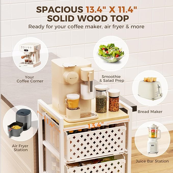 5 Tier Kitchen Storage Cart with Wheels, Utility Fruit Vegetable Storage Rack Stand with Pull-Out Baskets & Wood Top, Metal 4-Drawers Rolling Snack Cart, Kitchen Cart for Potato Onion(White)