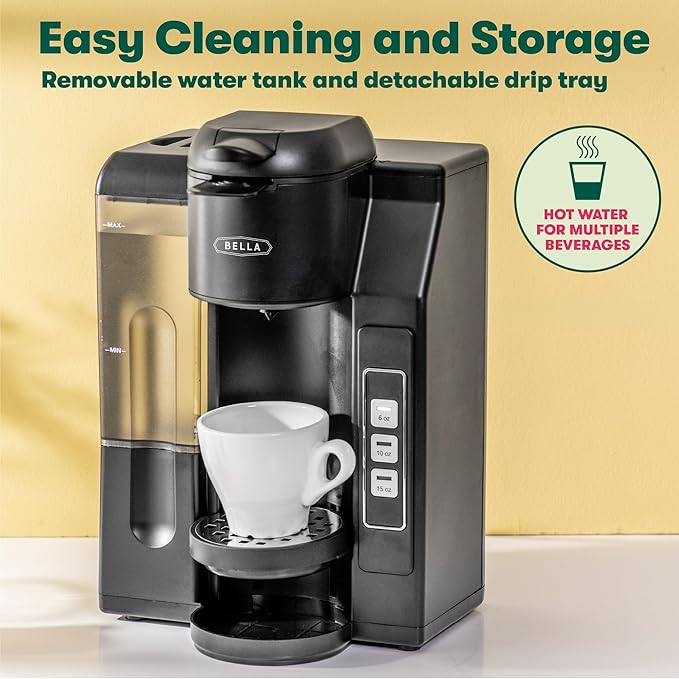 BELLA Single Serve Coffee Maker, Dual Brew, K-cup Compatible - Ground Coffee Brewer with Removable Water Tank & Adjustable Drip Tray, Perfect for Travel Mug