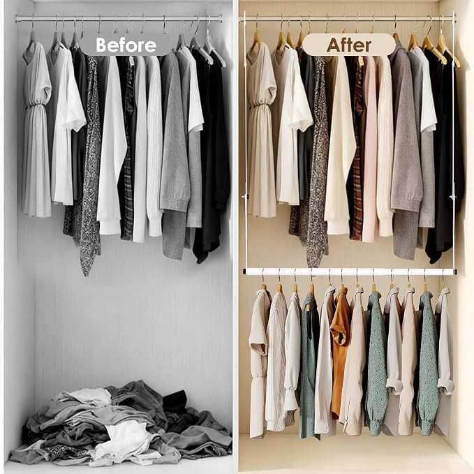 Closet Rod Extenders - White Adjustable Closet Hanging Bar, Width & Height Expandable Clothes Rod, Space-Saving Closet Organizer for Hanging Clothes, Easy Installation, 2 Packs