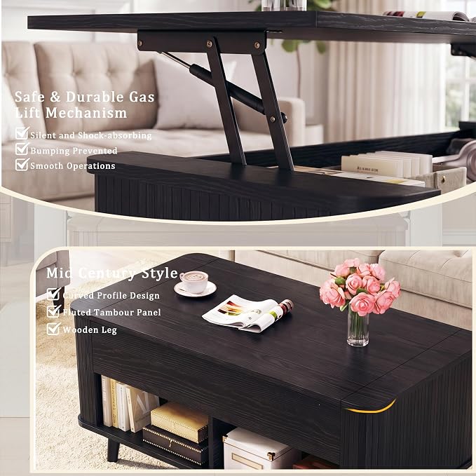 HUAHUU 41.3" Lift Top Coffee Table, Modern Coffee Table with Storage, Fluted Coffee Tables with Lift Tabletop, Hidden Storage Compartment & Lower Shelf for Living Room, Home Office, Black