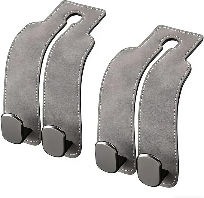 Premium PU Leather Car Seat Headrest Hooks, Backseat Hangers for Bags, Purses, Coats, Gray, 2 Pairs