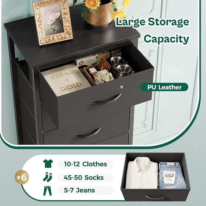 Huuger Tall Dresser for Bedroom, Stable 6 Drawer Dresser with Anti-Tip Device, PU Leather & Fabric Drawers, Tall Nightstand for Closet, Nursery, Storage Tower for College Dorm High Beds, Black