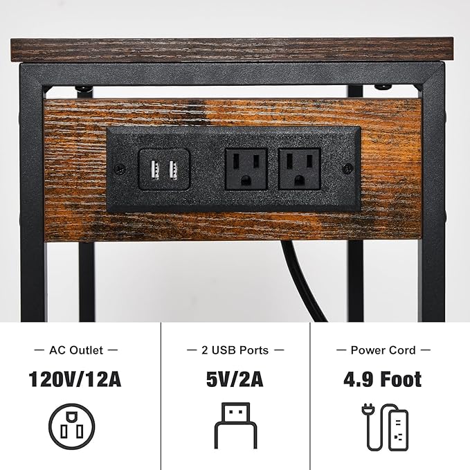 Tall End Table with Charging Station, 3 Tier Narrow Tall Nightstand with Storage, Slim Side Table with USB Ports and Outlets for Bedroom, Living Room, Office, Rustic Brown and Black