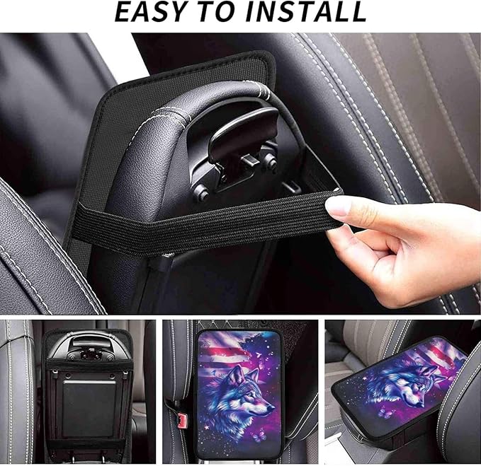 Universal Car Center Console Cushion Pad, Purple Wolf Flag Soft Waterproof Car Center Console Cover Auto Armrest Seat Box Cover Protector for Most Vehicle SUV Truck Car