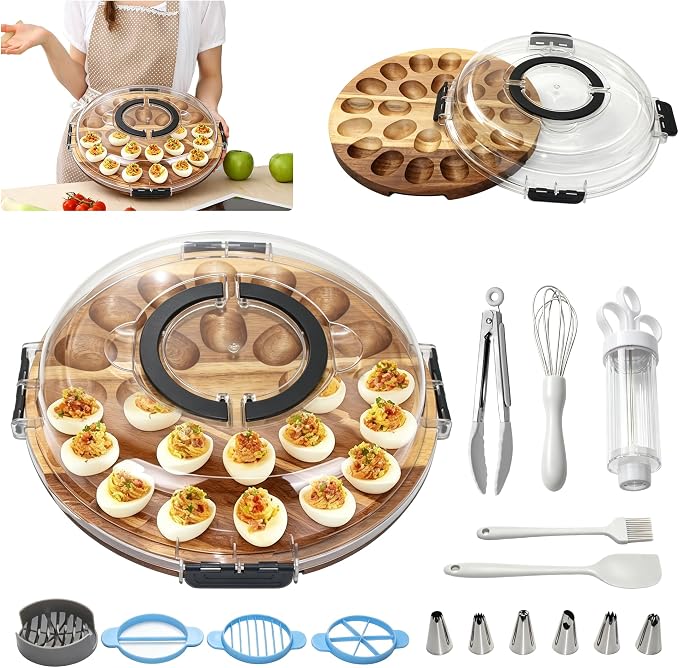 Deviled Egg Containers with Lid, 2026 Upgraded Acacia Wood Deviled Egg Platter – 24 Holes Round Tray with Egg Slicer, Piping Tips & Mini Tongs, Complete Deviled Eggs Carrier Set for Easter Party
