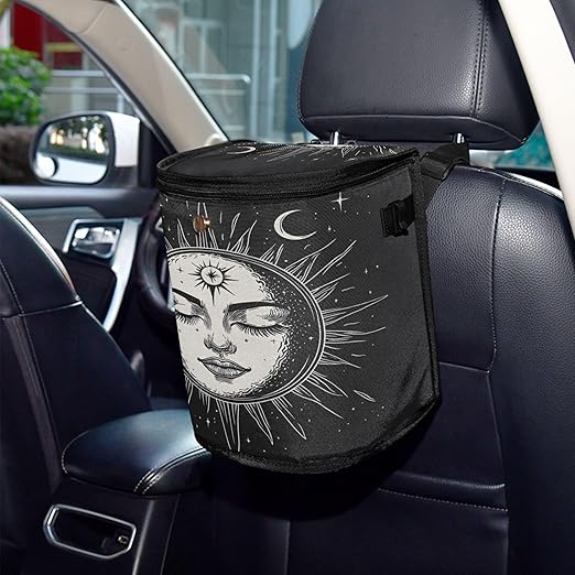 MNSRUU Car Trash Can with Lid, Black and White Face Sun Car Trash Bag Hanging Organizers and Storage for Front Back Seat, Leak-Proof Trash Bin