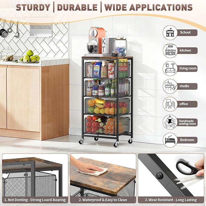 Rolling Cart with Drawers, 4-Tier Utility Cart Storage Organizer with Lockable Wheels, Metal Craft Storage Cart with Wooden Top for Kitchen, Bathroom, School, Studio, Office, Bedroom, Black
