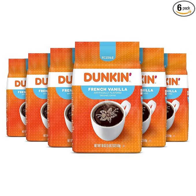 Dunkin' French Vanilla Flavored Ground Coffee, 18 Ounce (Pack of 6)