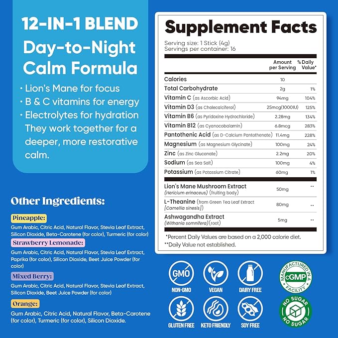 Venture Pal Calm Drink Mix, Cortisol Reducer and Sleep Aid with Magnesium Glycinate, Ashwagandha, L-Theanine,Vitamin D, Calm Magnesium Powder for Relax & Focus, No Sugar, Non GMO, Vegan & Gluten-Free