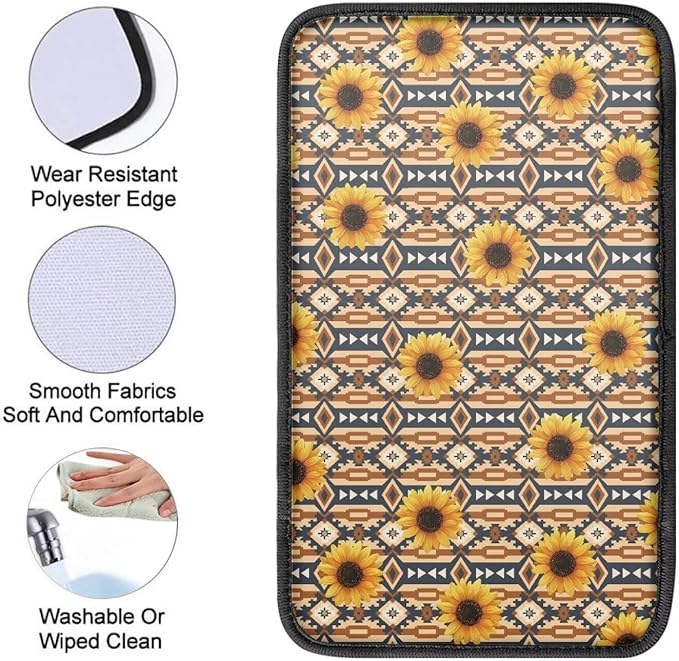 Sunflower Aztec Auto Armrest Console Car Accessories Car Center Console Cover Easy to Install Armrest Console Cover Soft Fit for Most Cars, Vehicles, SUVs
