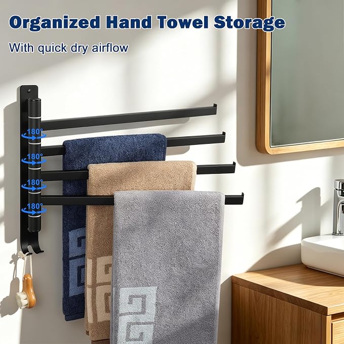 NearMoon Swivel Towel Rack, 13.8" Thicken 304 Stainless Steel 4-Arm Towel Bar, Space Saving Wall Mounted Towel Holder with Hook, Rustproof Swing Out Towel Hanger for Bathroom, Square (Matte Black)