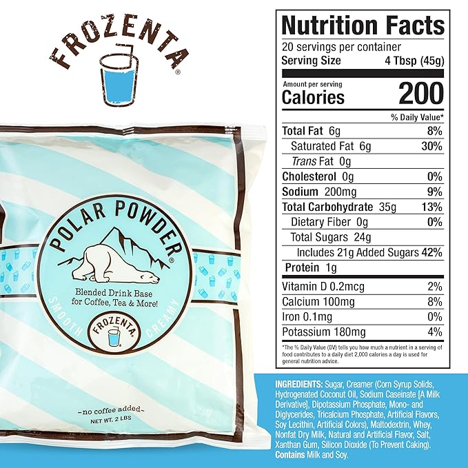 Frozenta At Home Frozen Beverage Drink Base used with Cold Brew, Espresso, Milk to create frozen Frappes, Mochas, Lattes, and Smoothies (20 Servings, Polar Powder)