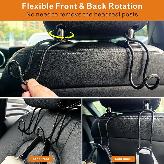 Idefair Car Headrest Hooks, 4 Pack Universal Car Hooks for Bag Purse Groceries, Heavy Duty Car Seat Back Storage Organizers Holds Up to 60LBS/Per Hook - Black Leather/2S+2L
