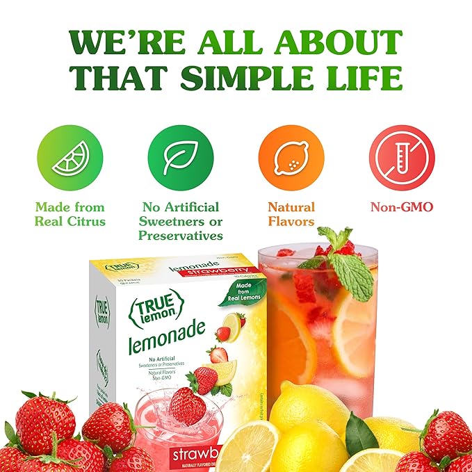 True Citrus True Lemon Strawberry Lemonade Water Enhancer Drink Mix, Low Calorie Drink for Water, Powdered & Flavors, Individual Drink Packets with Stevia, (30 Count) (Pack of 2)