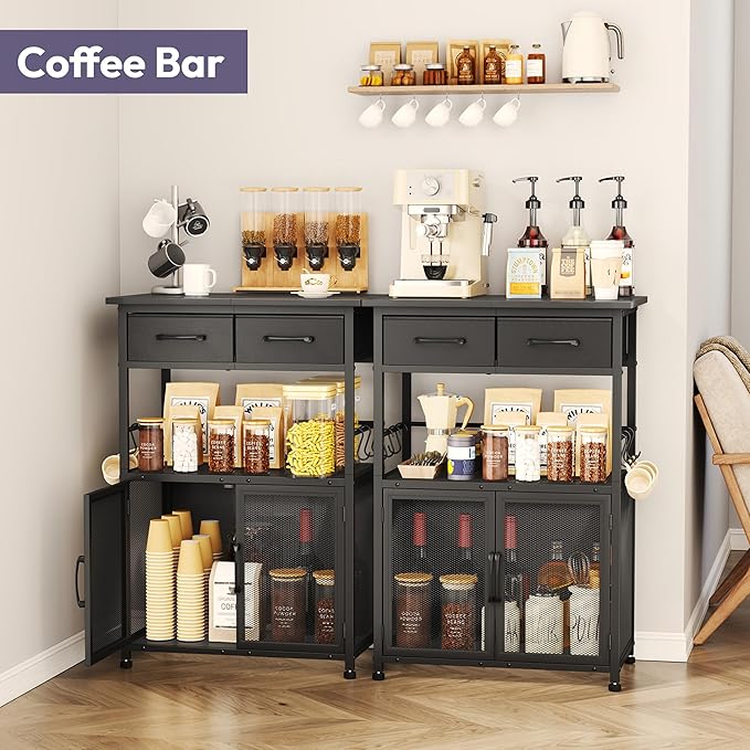 SWTYMIKI Coffee Bar Cabinet with Drawer - 20.47" Coffee Stand Station with Removable Hooks, Buffet Cabinet for Coffee Maker or Microwave, Kitchen Bar Table Storage Organizer, Black