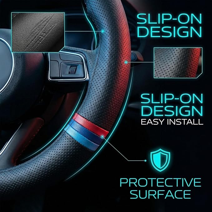 Leather Steering Wheel Cover for Chevy Silverado 1500 2500 3500, Colorado 14.5-15 inches Car Steering Wheel Cover, Black