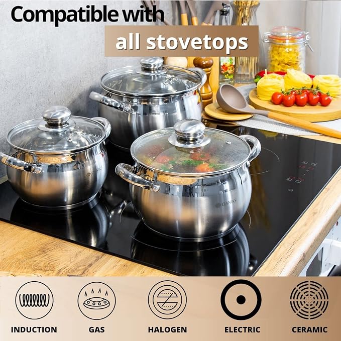 Daniks Classic 2 Quart Stainless Steel Stock Pot with Glass Lid, Tri-Ply Bottom for Even Heating, Induction Compatible, Dishwasher Safe
