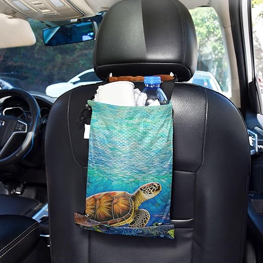ALAZA Hanging Car Trash Bags Garbage Bag Trash Can for Back Seat Small Sea Turtle 1 Washable Storage Bag Retractable 2 Pack