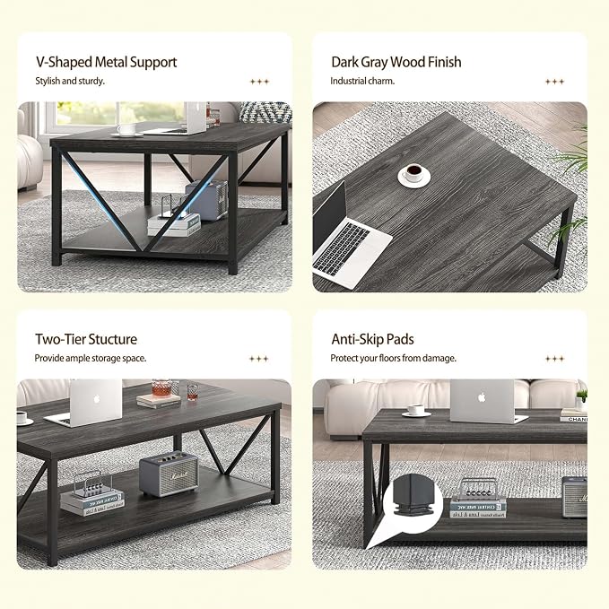 FOLUBAN Industrial Coffee Table with Storage Shelf, Modern Rustic Wooden and Metal Rectangle Center Table for Living Room, Dark Gray, 47 Inch