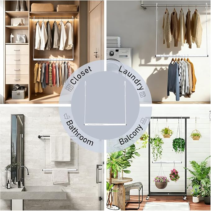 Hanging Closet Rod Extenders, Adjustable Width and Height Closet Extender Hanging Rod, Space-Saving Closet Hanging Rod, Heavy Duty Closet Bar for Hanging Clothes, 1 Pack White