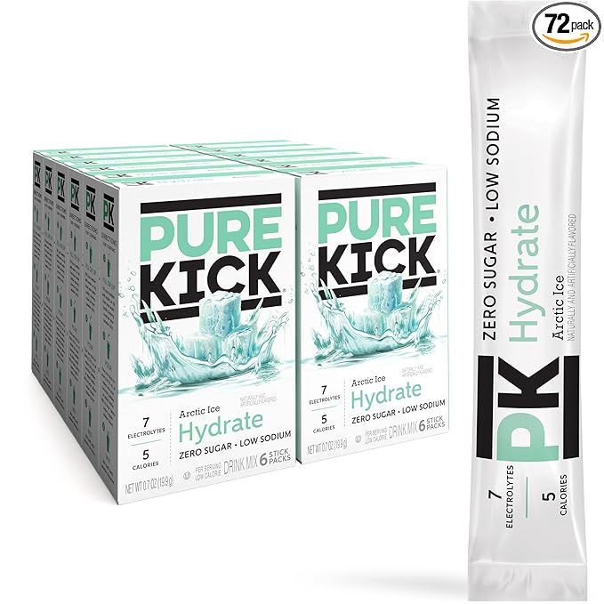 PURE KICK Hydration Singles To Go Drink Mix, Arctic Ice, Includes 12 Boxes with 6 Packets in each Box, 72 Total Packets