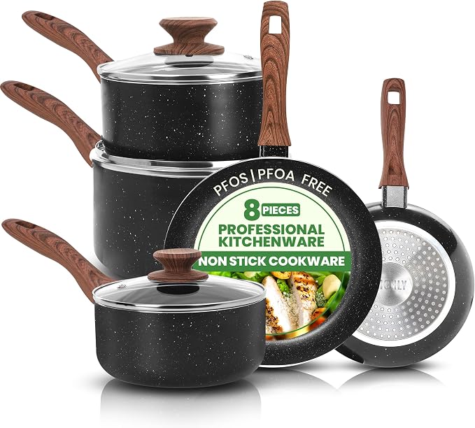 KICHLY Granite Pots and Pans Set Non Stick 8 Piece Cookware Set, Induction Frying Pans, Saucepan with Lids, Induction Compatible Cookware, PFOA-Free Non-Stick Cooking Set, Black