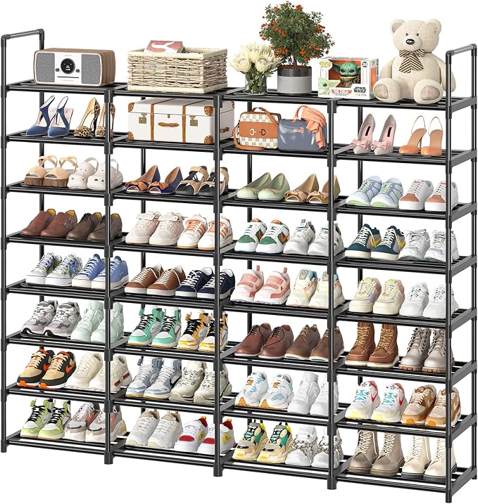Simple Trending 8-Tier Shoe Rack Large Capacity 64 Pairs Tall Shoe Shelf, Sturdy Metal Shoe Organizer for Entryway, Closet, Bedroom, Black