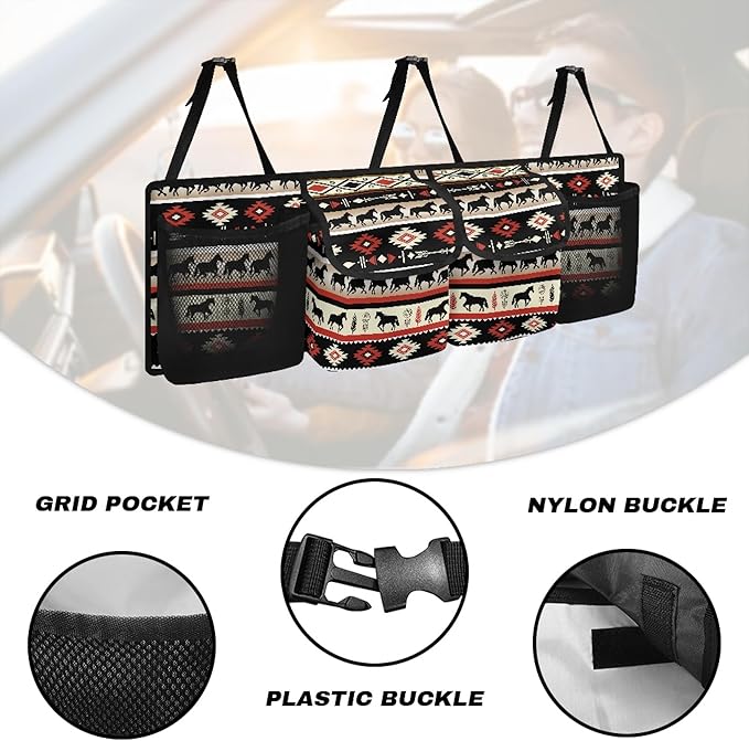 CLOHOMIN Aztec Western Horse Trunk Organizer for SUV Sedan Van Hanging Seat Back Storage Multi Car Backseat Trunk Organizer Collapsible Car Storage Bag with 4 Pockets