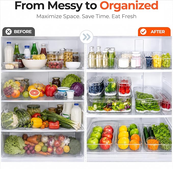 SMRCAD Fridge Organizers and Storage, 8 Pack Clear Freezer Organizer Bins with Lids for Kitchen, Pantry, Refrigerator, Food, Fruit, Vegetable Storage (8 Bins (Include Pull-out Drawer))